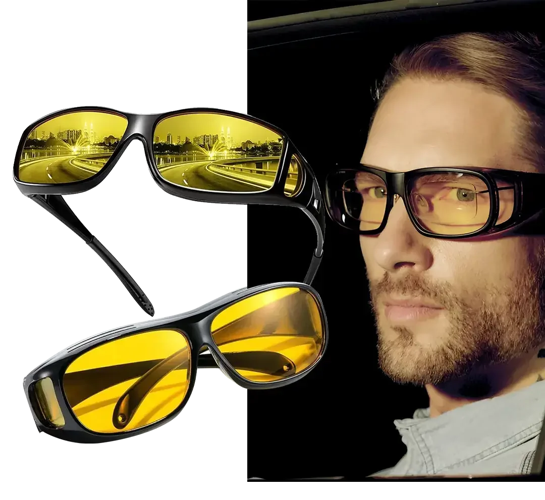 Drive Bright glasses and a man wearing them over his own glasses